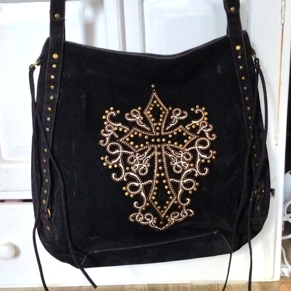 Gothic black shoulder/hand bag Cross design embellished with rivets. - Picture 3 of 11